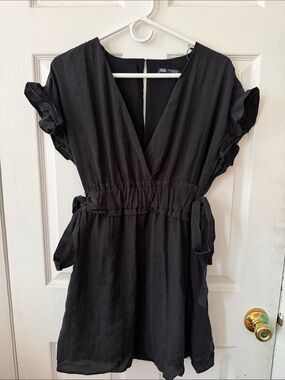 ZARA Black V-Neck Mini Dress with Ruffle Sleeves